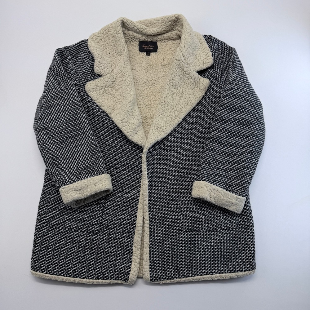 Sweet Rain Black White Woven Faux Shearling Lined Open Front Coat Large